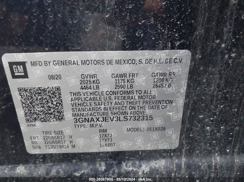 2020 Chevrolet Equinox Fwd 2Fl VIN: 3GNAXJEV3LS732315 Lot: 39367955