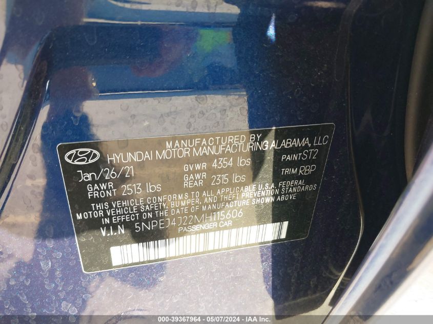 2021 Hyundai Sonata Sel Plus VIN: 5NPEJ4J22MH1156 Lot: 39367964