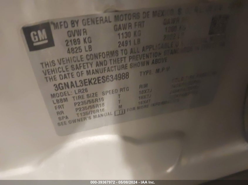 2014 CHEVROLET CAPTIVA SPORT LT - 3GNAL3EK2ES634988