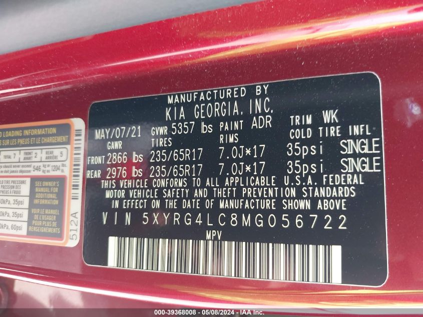 2021 Kia Sorento Lx VIN: 5XYRG4LC8MG056722 Lot: 39368008