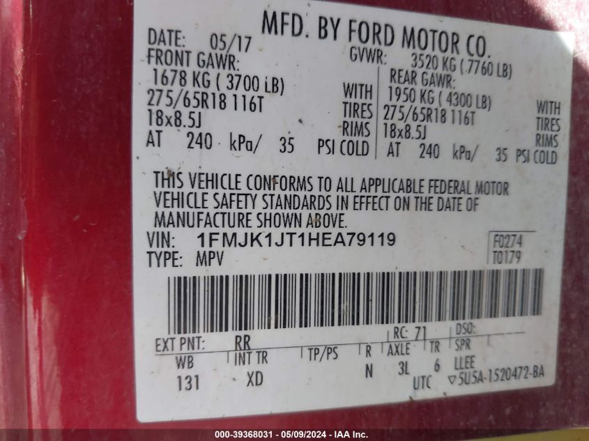 2017 Ford Expedition El Xlt VIN: 1FMJK1JT1HEA79119 Lot: 39368031