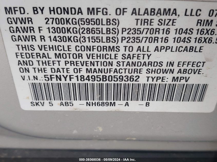 2005 Honda Pilot Ex VIN: 5FNYF18495B059362 Lot: 39368036