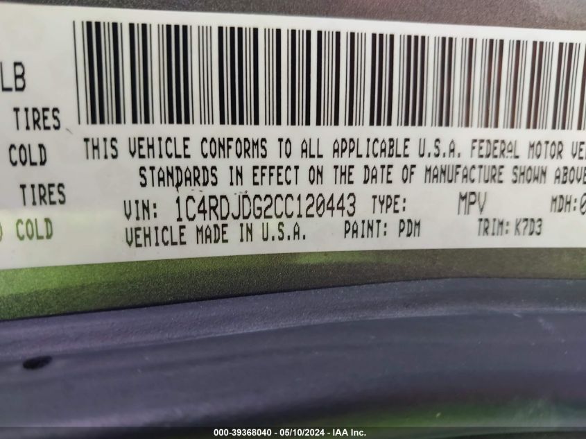 2012 Dodge Durango Crew VIN: 1C4RDJDG2CC120443 Lot: 39368040