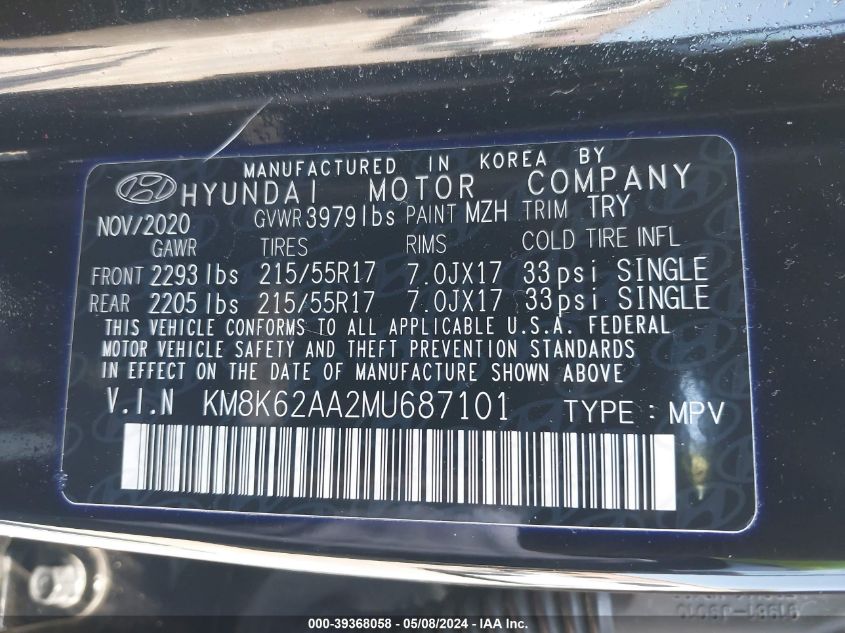 2021 Hyundai Kona Sel Plus VIN: KM8K62AA2MU687101 Lot: 39368058