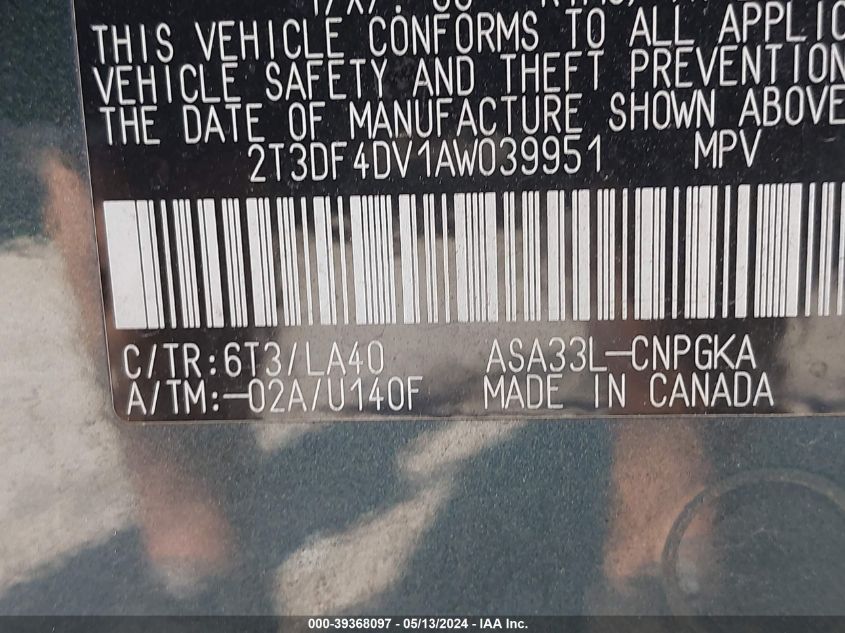 2010 Toyota Rav4 Limited VIN: 2T3DF4DV1AW039951 Lot: 39368097