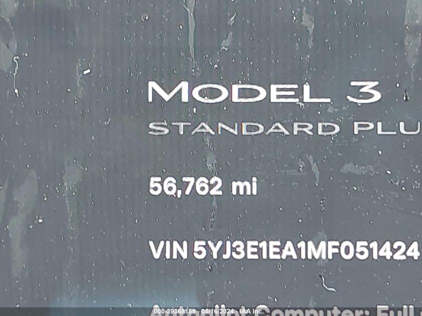 2021 Tesla Model 3 Standard Range Plus Rear-Wheel Drive VIN: 5YJ3E1EA1MF051424 Lot: 39368159