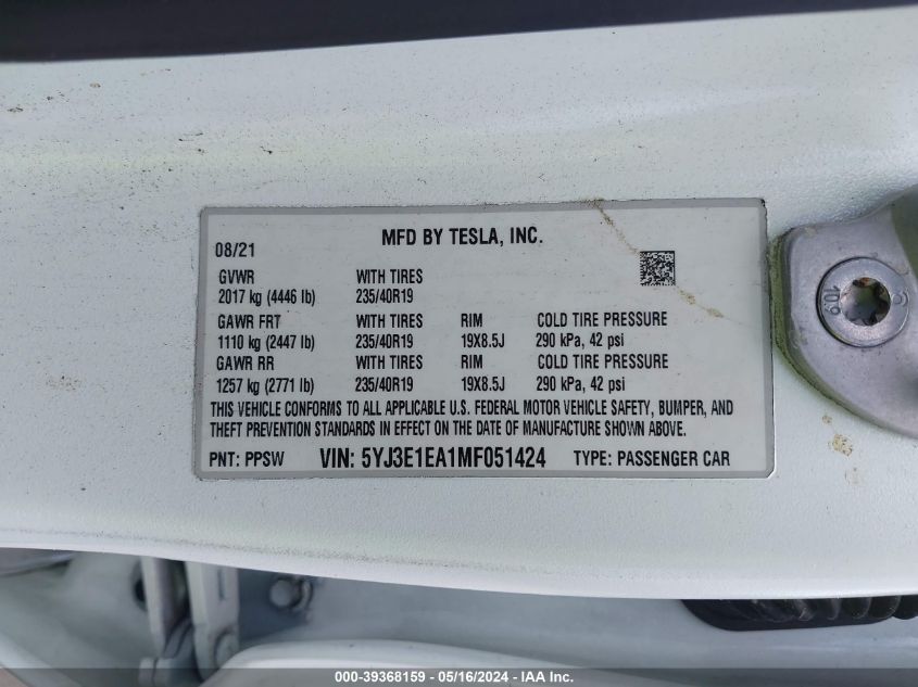 2021 Tesla Model 3 Standard Range Plus Rear-Wheel Drive VIN: 5YJ3E1EA1MF051424 Lot: 39368159