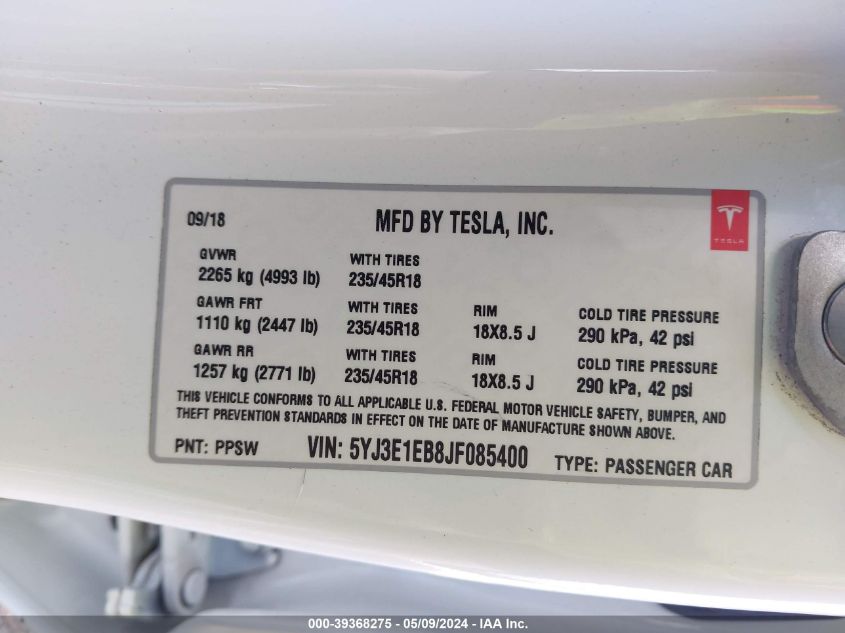 2018 TESLA MODEL 3 LONG RANGE/PERFORMANCE - 5YJ3E1EB8JF085400