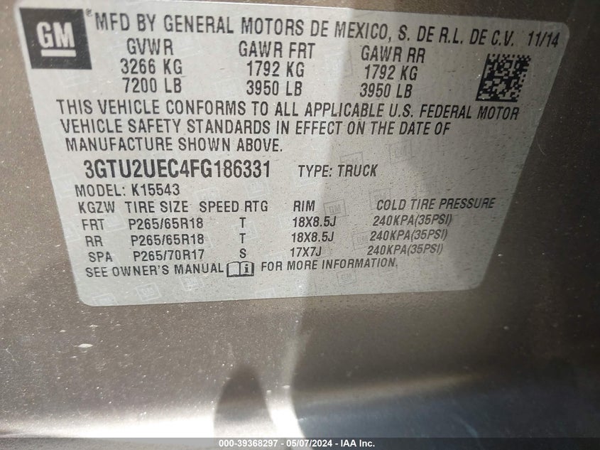 2015 GMC SIERRA 1500 SLE - 3GTU2UEC4FG186331