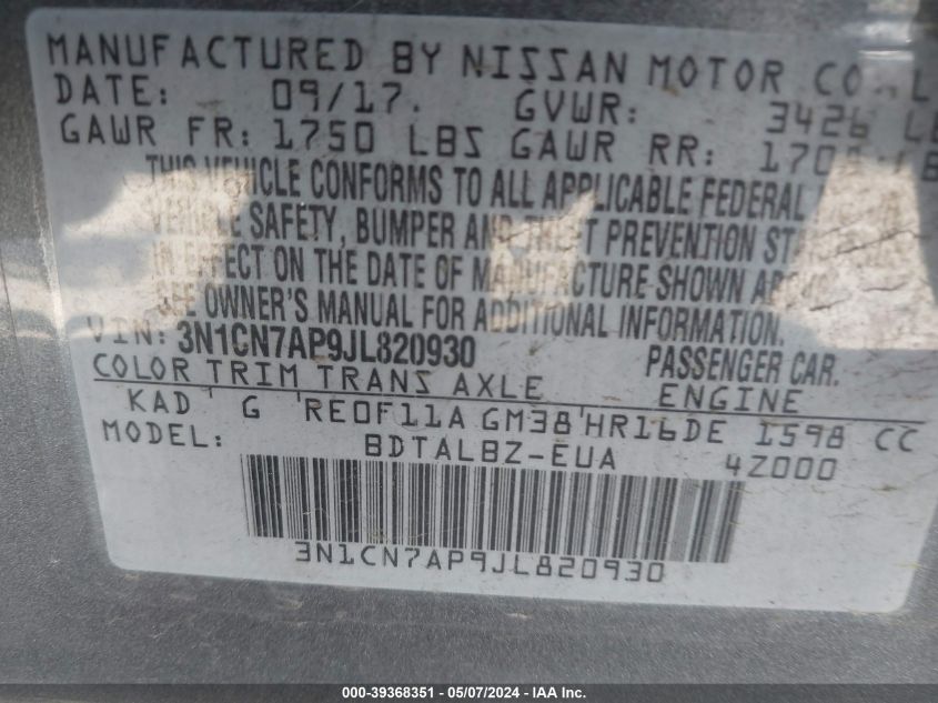 2018 NISSAN VERSA 1.6 SV - 3N1CN7AP9JL820930