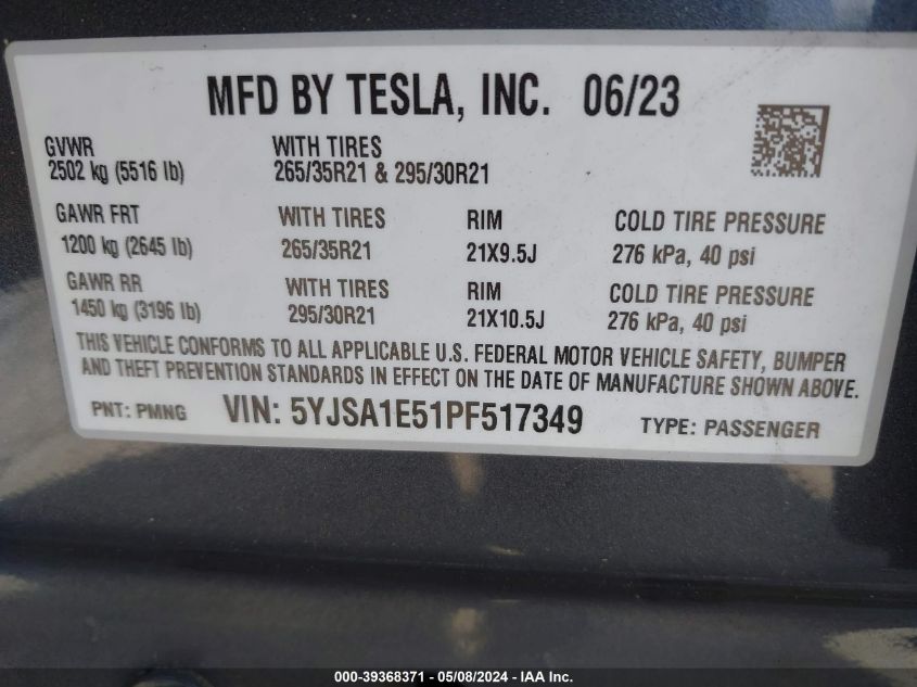 2023 Tesla Model S Dual Motor All-Wheel Drive/Standard Range VIN: 5YJSA1E51PF517349 Lot: 39368371