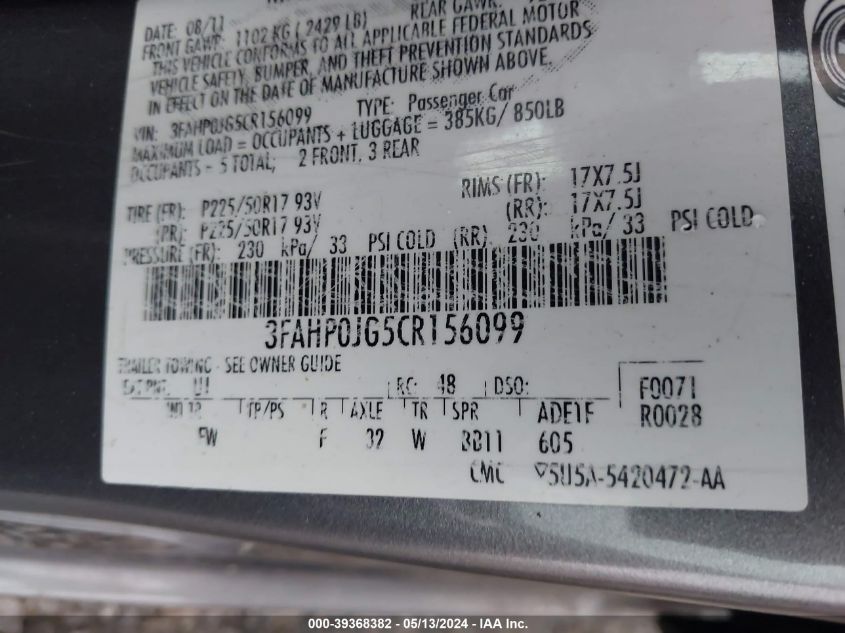 2012 Ford Fusion Sel VIN: 3FAHP0JG5CR156099 Lot: 39368382