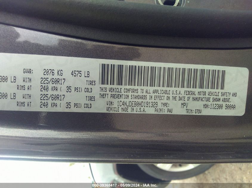 2017 Jeep Compass Latitude 4X4 VIN: 1C4NJDEB0HD191329 Lot: 39368417