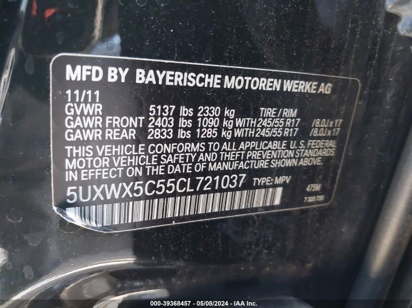 2012 BMW X3 xDrive28I VIN: 5UXWX5C55CL721037 Lot: 39368457