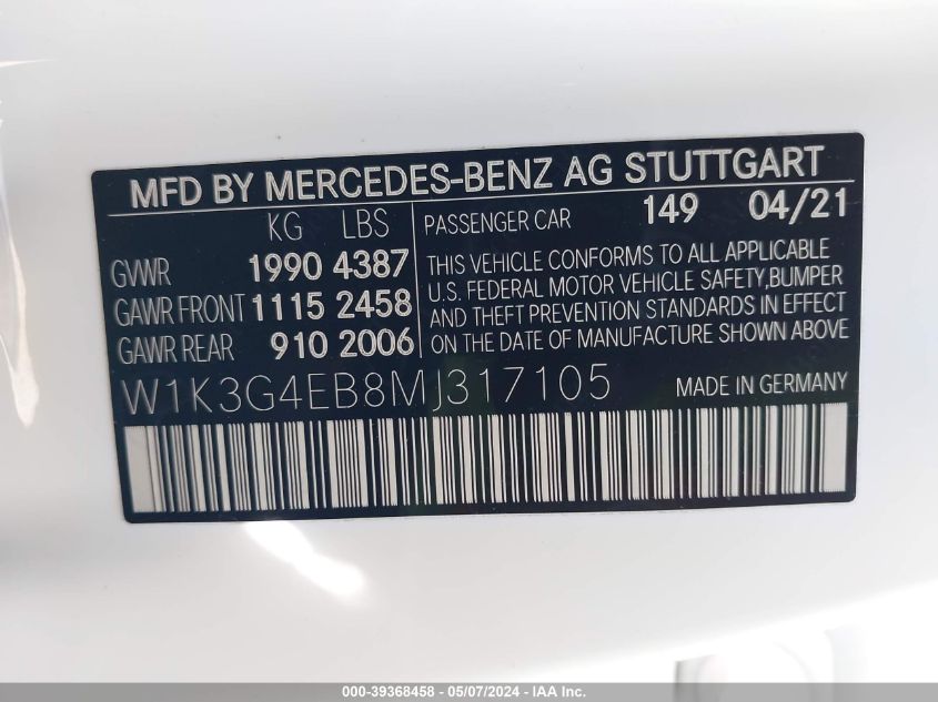 2021 Mercedes-Benz A 220 VIN: W1K3G4EB8MJ317105 Lot: 39368458