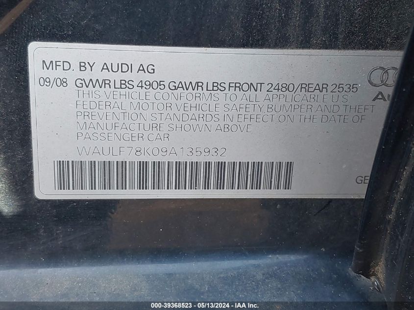 2009 Audi A4 2.0T Premium VIN: WAULF78K09A135932 Lot: 39368523