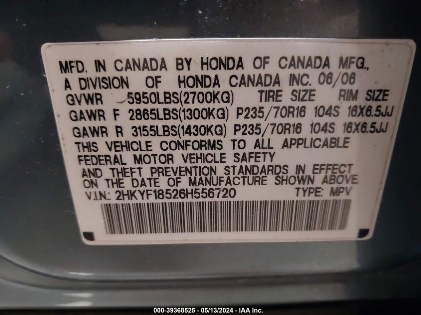 2006 Honda Pilot Ex-L VIN: 2HKYF18526H556720 Lot: 39368525