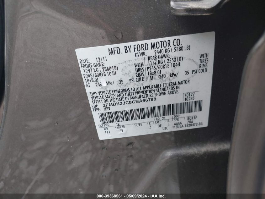 2012 Ford Edge Sel VIN: 2FMDK3JC8CBA66798 Lot: 39368561