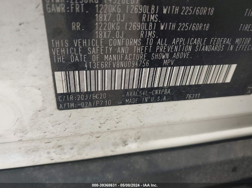 2022 Toyota Rav4 Xse Hybrid VIN: 4T3E6RFV8NU094756 Lot: 39368631