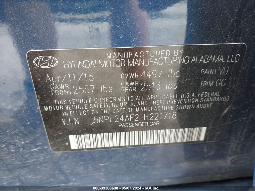 2015 Hyundai Sonata Se VIN: 5NPE24AF2FH221718 Lot: 39368638