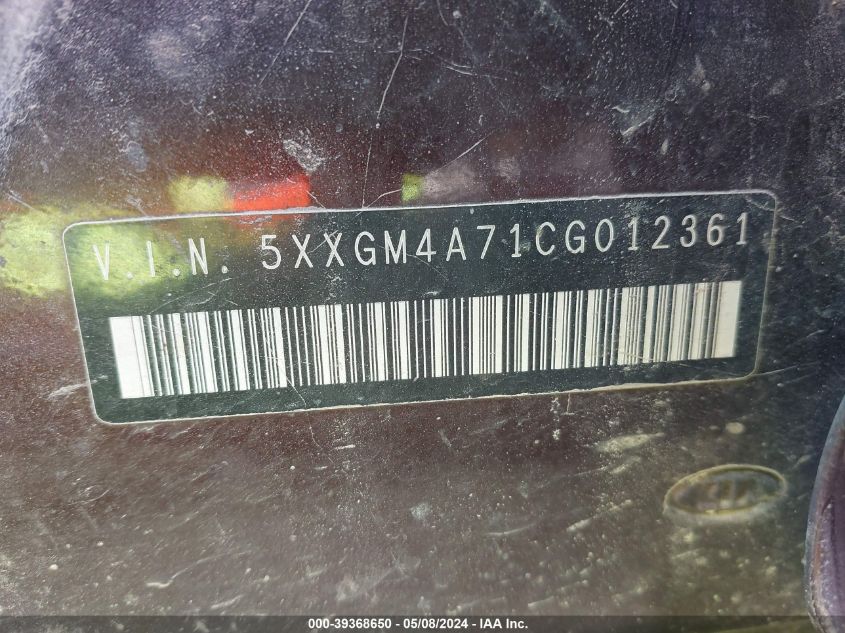 2012 Kia Optima Lx VIN: 5XXGM4A71CG012361 Lot: 39368650