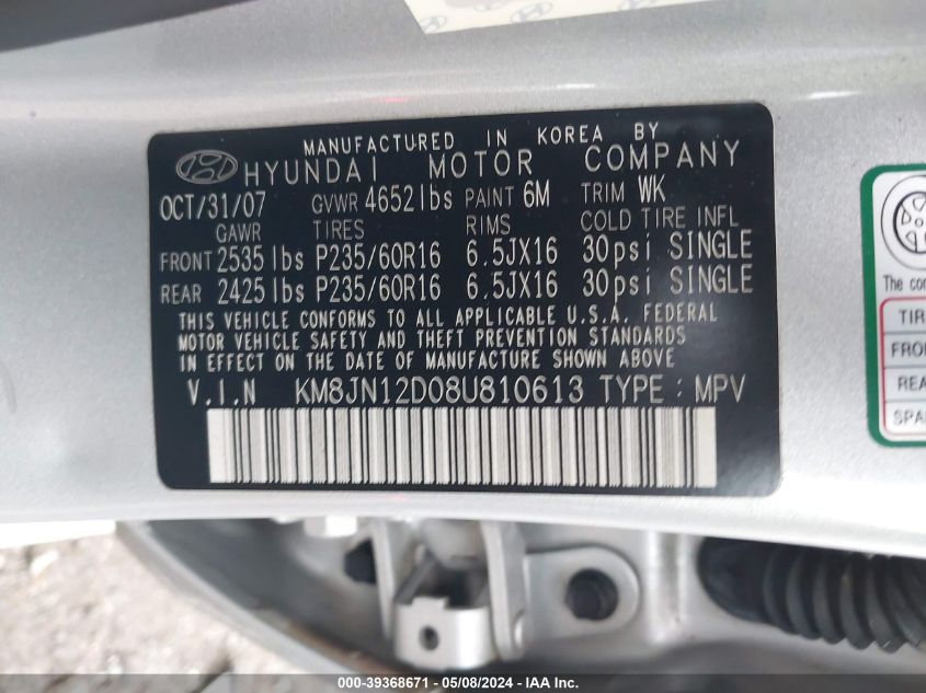 2008 Hyundai Tucson Limited V6/Se VIN: KM8JN12D08U810613 Lot: 39368671