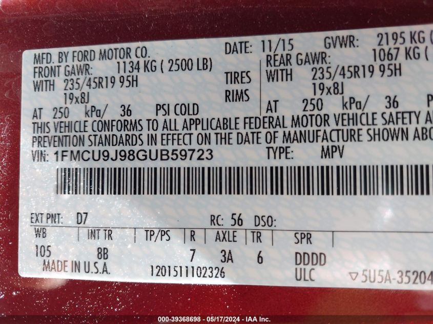 2016 Ford Escape Titanium VIN: 1FMCU9J98GUB59723 Lot: 39368698