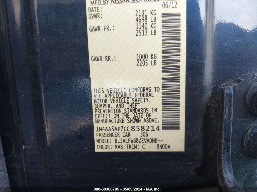 2012 Nissan Maxima 3.5 Sv VIN: 1N4AA5AP7CC858214 Lot: 39368705