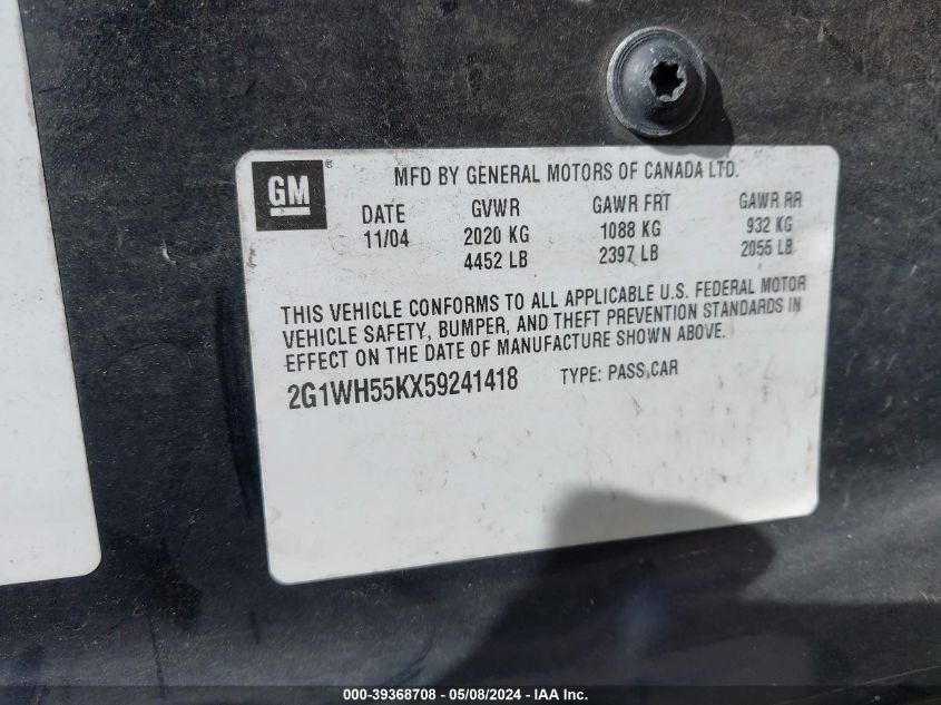 2005 Chevrolet Impala Ls VIN: 2G1WH55KX59241418 Lot: 39368708