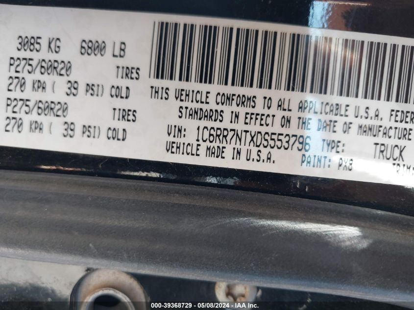 2013 Ram 1500 Laramie VIN: 1C6RR7NTXDS553796 Lot: 39368729