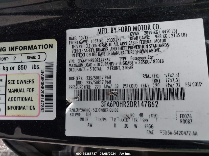 2013 FORD FUSION SE - 3FA6P0HR2DR147862