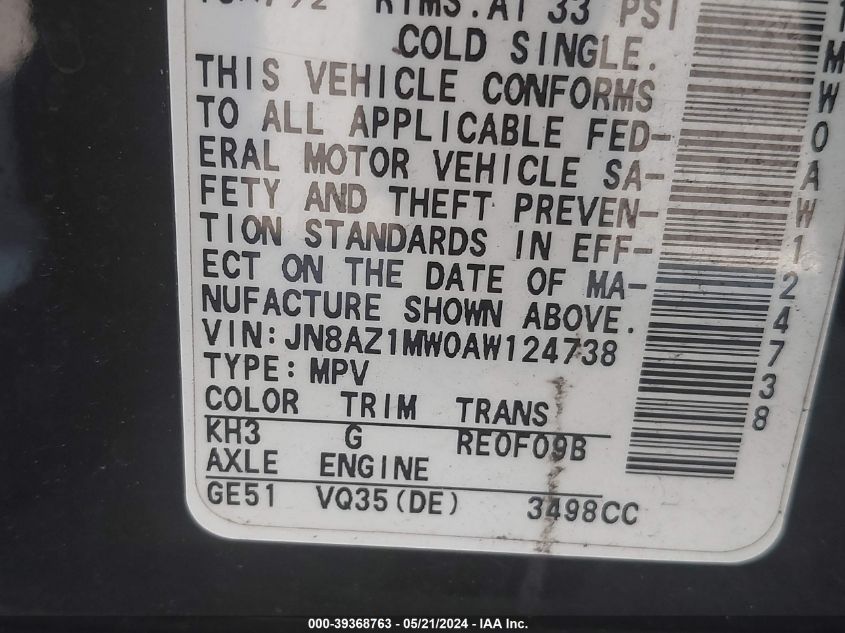 2010 Nissan Murano Sl VIN: JN8AZ1MW0AW124738 Lot: 39368763