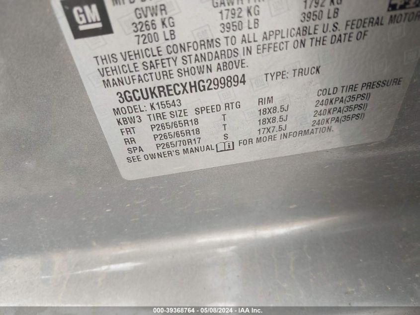 2017 Chevrolet Silverado 1500 2Lt VIN: 3GCUKRECXHG299894 Lot: 39368764