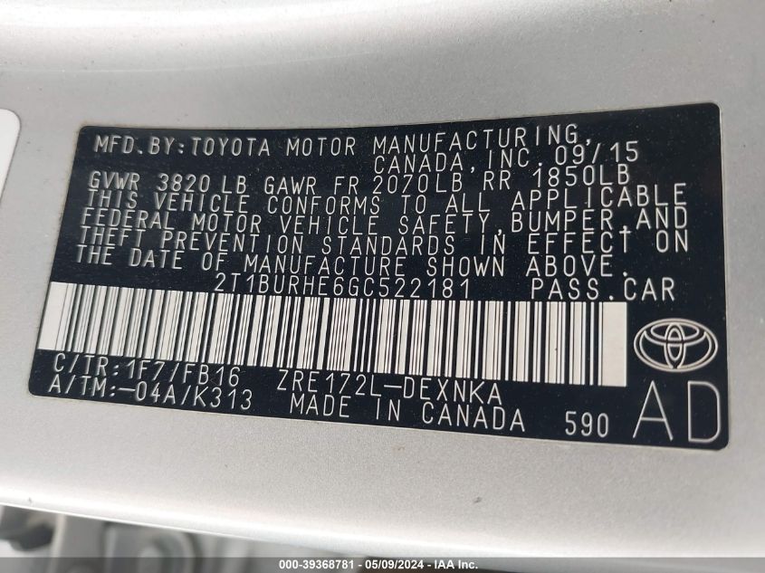 2016 TOYOTA COROLLA LE - 2T1BURHE6GC522181