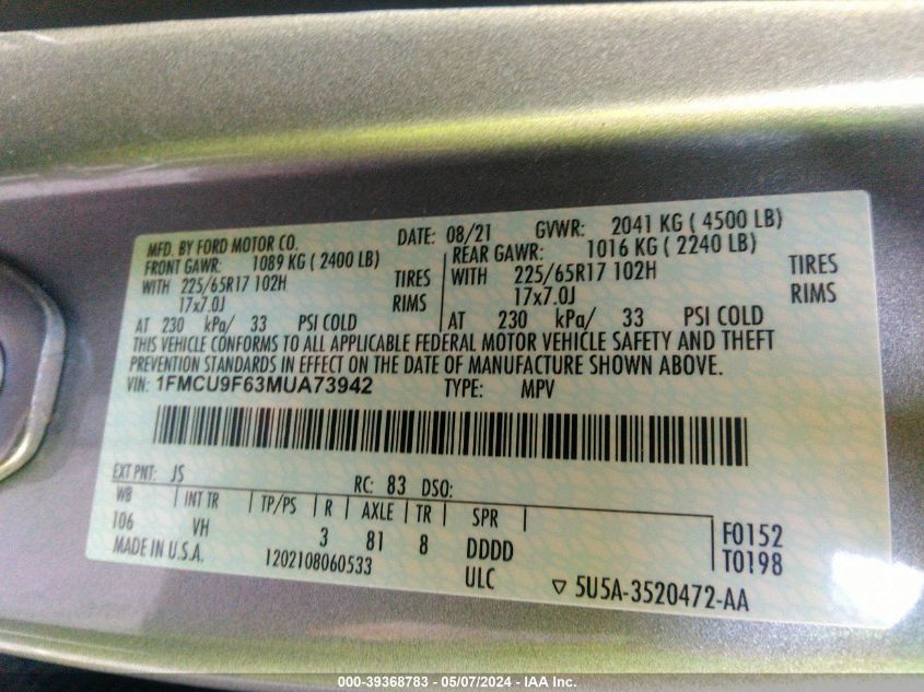 2021 Ford Escape S VIN: 1FMCU9F63MUA73942 Lot: 39368783