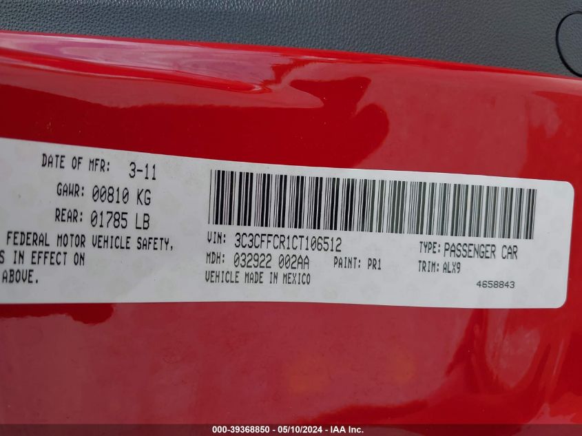 2012 Fiat 500 Lounge VIN: 3C3CFFCR1CT106512 Lot: 39368850