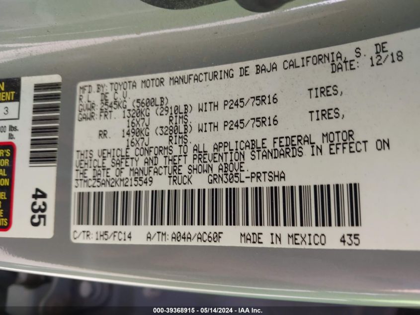 2019 TOYOTA TACOMA SR5 V6 - 3TMCZ5AN2KM215549