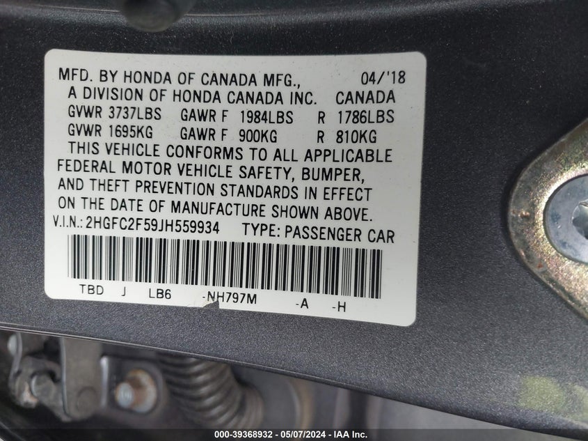 2018 HONDA CIVIC LX - 2HGFC2F59JH559934