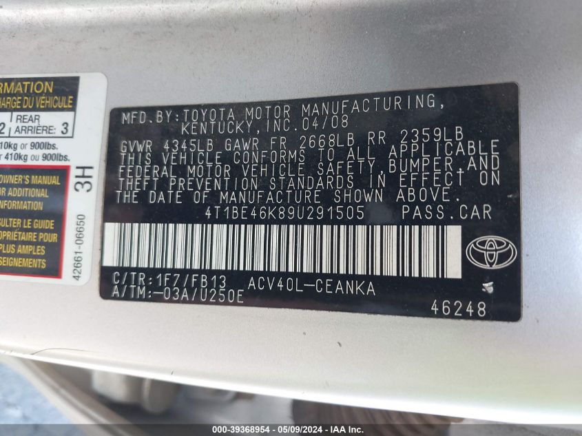 2009 Toyota Camry Le VIN: 4T1BE46K89U291505 Lot: 39368954