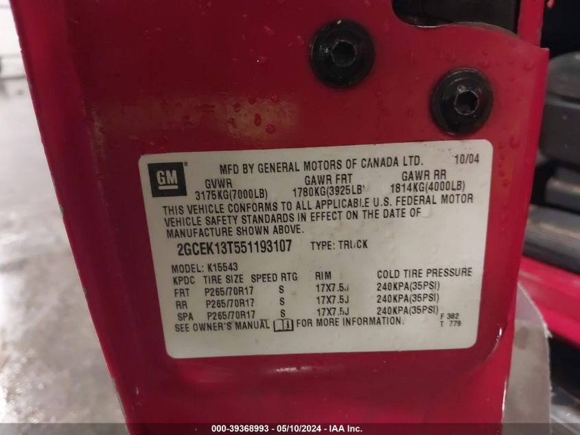 2005 Chevrolet Silverado 1500 Ls VIN: 2GCEK13T551193107 Lot: 39368993