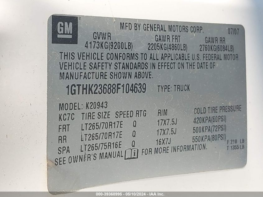2008 GMC Sierra 2500Hd Sle2 VIN: 1GTHK23688F104639 Lot: 39368995