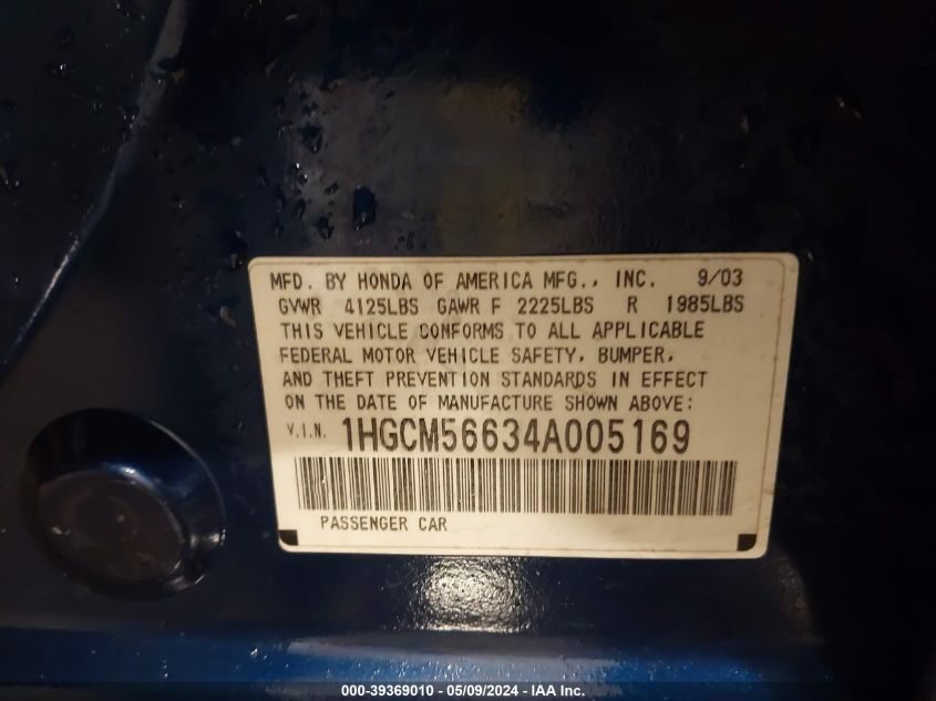 2004 Honda Accord 2.4 Ex VIN: 1HGCM56634A005169 Lot: 39369010