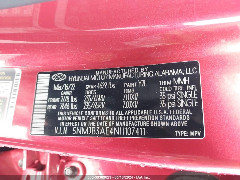 2022 Hyundai Tucson Sel VIN: 5NMJB3AE4NH107411 Lot: 39369023