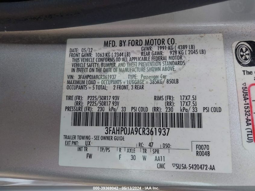 2012 Ford Fusion Sel VIN: 3FAHP0JA9CR361937 Lot: 39369042