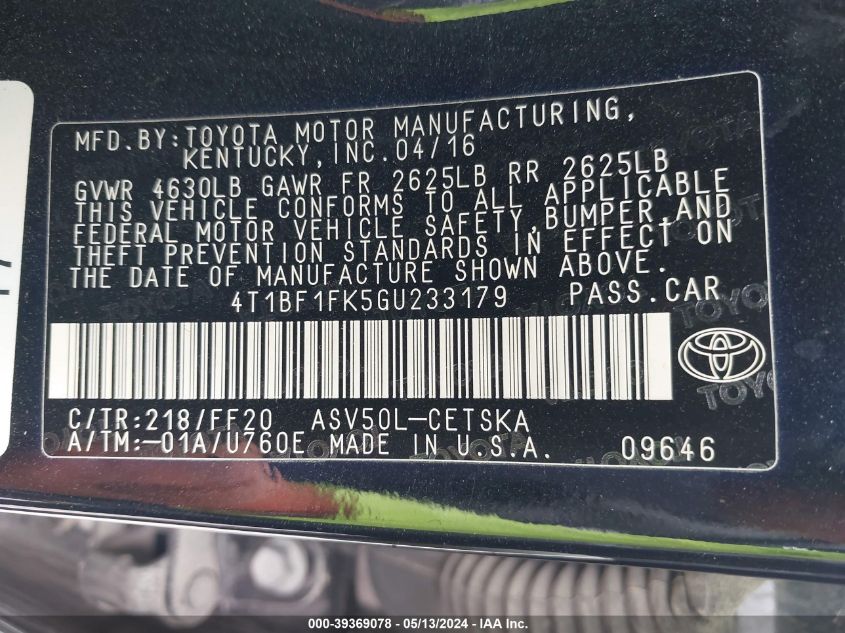 2016 TOYOTA CAMRY LE/XLE/SE/XSE - 4T1BF1FK5GU233179