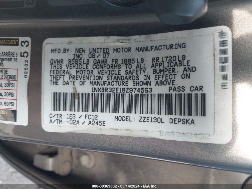 2008 Toyota Corolla S VIN: 1NXBR32E18Z974563 Lot: 39369082