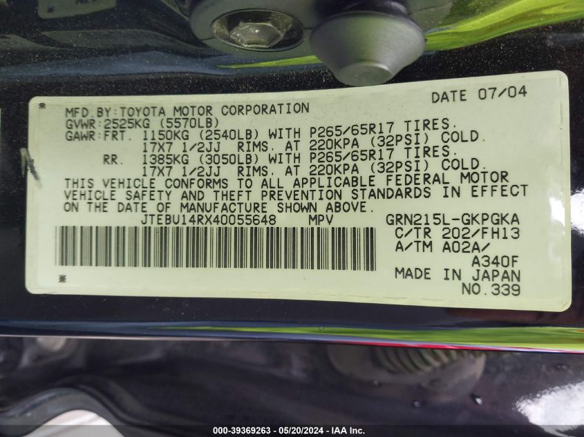 2004 Toyota 4Runner Sr5 Sport V6 VIN: JTEBU14RX40055648 Lot: 39369263