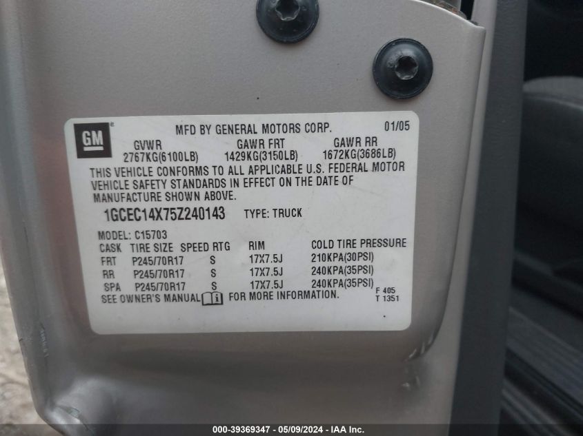 2005 Chevrolet Silverado 1500 Work Truck VIN: 1GCEC14X75Z240143 Lot: 39369347