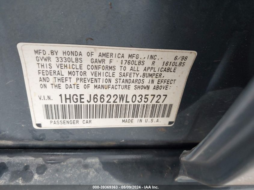 1998 Honda Civic Dx VIN: 1HGEJ6622WL035727 Lot: 39369363