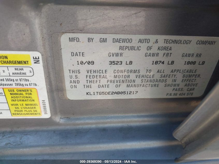 2010 Chevrolet Aveo Lt VIN: KL1TG5DE2AB051217 Lot: 39369390